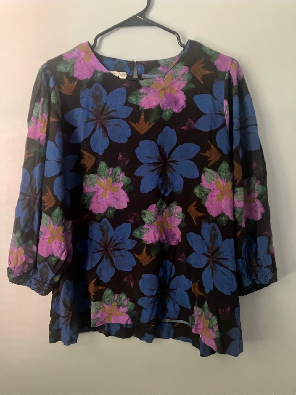 Black Floral Blouse with Blue & Pink Blooms